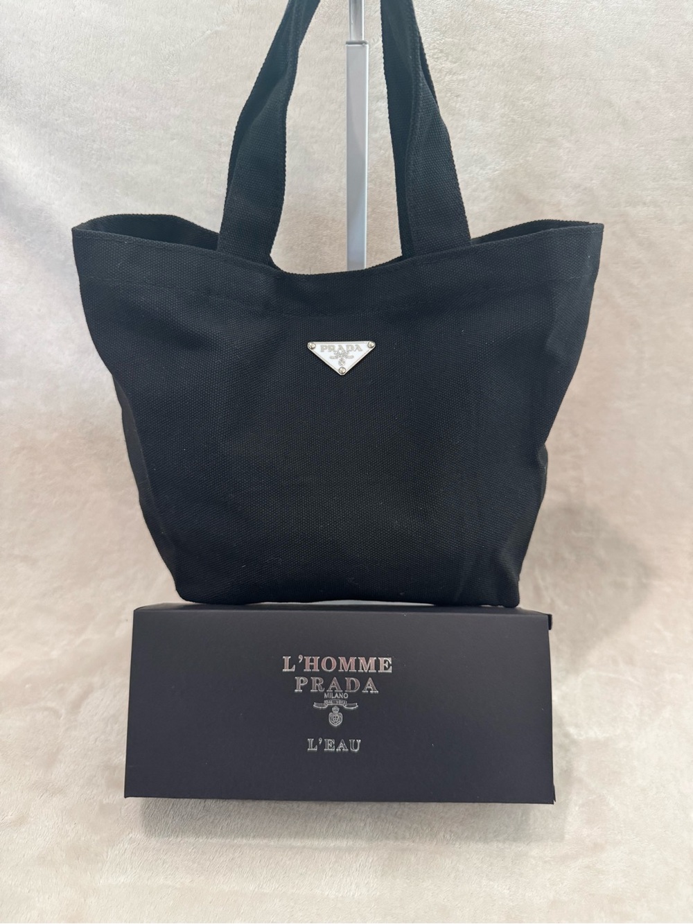 Prada Beauty Black Canvas Mini Tote with Silver Triangle Logo